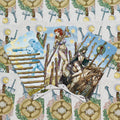 tarot kortos iliustruotos Wands serijos, trys ištrauktos kortos su raiteliu ir lazdelėmis, fone matyti dekoratyvios nugarėlės