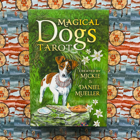 Magical Dogs Tarot kortų rinkinys, žalia dėžutė su šunies iliustracija ir gėlėmis, dėžutės priekinė pusė parduotuvės galerijoje