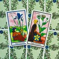 Tarot kortos – dvi atverstos Pentaklių kortos (Page of Pentacles ir Knight of Pentacles) su ryškiais augaliniais motyvais, kampu išdėstytos ir skirtos kortų meno detalėms parodyti