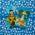 Tarot kortos, dviejų kardų variantas: Ace of Swords ir Two of Swords ant mėlyno žvaigždėto fono, kampu uždėtos