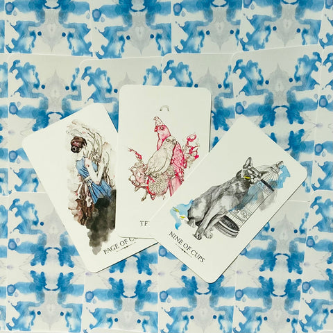 Tarot kortos su mėlynu abstrakčiu nugarėlių raštu, trys fanuotos atverstos kortos, matomos paukščio ir katės iliustracijos