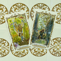 Tarot kortos, dvi atverstos — Page of Pentacles ir Knight of Pentacles, detalūs iliustruoti priekiai ant ornamentuoto balto fono