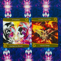 Tarot kortos dviejų kortų išrikiavimas su „Soulmate“ ir „False Twin Flame“, ryškūs violetiniai kosminiai fonai ir intensyvios spalvos