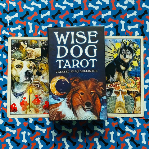 tarot kortos Wise Dog — tamsiai mėlyna dėžutė su šuns iliustracija ir mėnuliu, centre ant mėlyno kaulų rašto fono tarp dviejų kortų