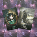 Tarot kortos, dviejų atvirų kortų variantas: Mystery su auksiniu rėmu ir Quest ant violetinių gėlių nugarėlių, skirtos skaitymui