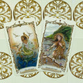 Tarot kortos, dvi atverstos versijos – Six of Cups su undine ir Seven of Cups krantinėje, auksiniai nugarėlių raštai