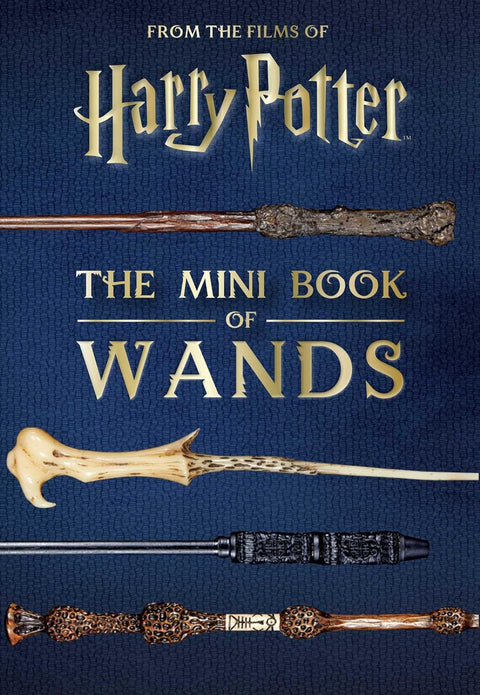 Mini knyga apie burtų lazdas, Harry Potter tematikos tamsiai mėlynas viršelis su auksiniais užrašais ir keturiomis skirtingomis lazdelėmis
