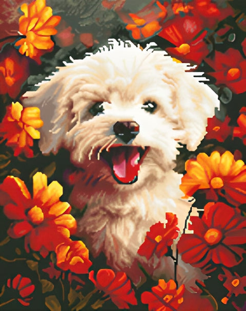 "Puppy in flowers" - Deimantinės mozaikos paveikslas ANT PORĖMIO