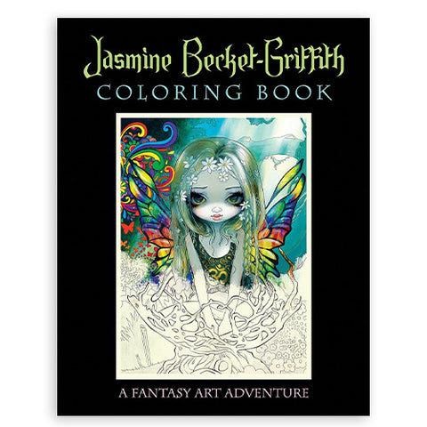 Spalvinimo knyga Jasmine Becket-Griffith su juodu viršeliu ir dalinai spalvotu fėjos piešiniu, skirta fantazijos meno gerbėjams