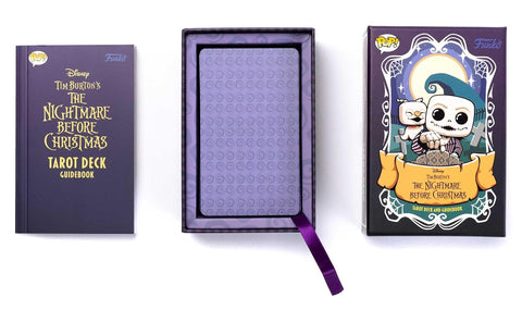 Tarot kaladė The Nightmare Before Christmas violetinėje dovanų dėžutėje su vadovėliu ir ornamentuotu kortų atlošu