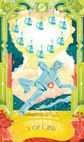 tarot korta X of Cans su sidabriniu skardininiu žmogumi, turkio skardinių vainikas virš širdies, iliustruotas plakatas