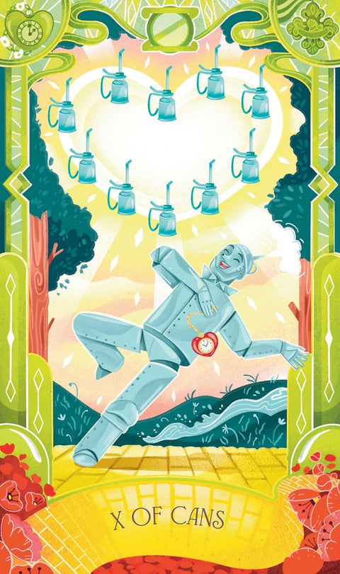 tarot korta X of Cans su sidabriniu skardininiu žmogumi, turkio skardinių vainikas virš širdies, iliustruotas plakatas