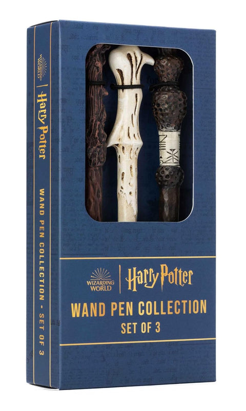 Rašiklių rinkinys Harry Potter: 3 magiškos lazdelės formos tušinukai mėlyname dėkle, kiekvienas skirtingos tekstūros
