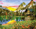 Tapyba Pagal Skaičius: „Kalnų trobelės prie ežero saulėlydyje“ 40x50 cm