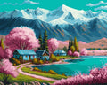 Tapyba Pagal Skaičius: „Pavasario kaimelis prie ežero kalnuose“ 40x50 cm