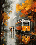 Tapyba Pagal Skaičius: „Rudeninis tramvajus lietingoje miesto gatvėje“ 40x50 cm