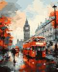 Tapyba Pagal Skaičius: „Raudonas dviaukštis autobusas Londono lietuje“ 40x50 cm