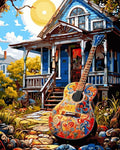 Tapyba Pagal Skaičius: „Gitara prie kaimo namo“ 40x50 cm