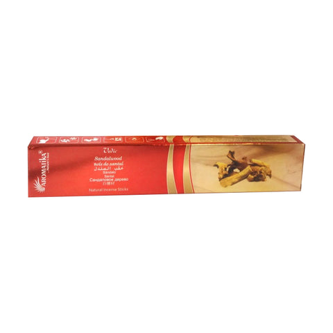 Smilkalai Aromatika Sandalwood, raudona ilga pakuotė su sandalmedžio iliustracija, natūralios smilkalų lazdelės viduje