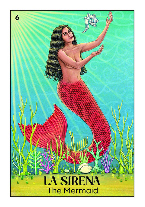 Tarot korta La Sirena su raudona undinėlės uodega ir žalsvu vandenyno fonu, iliustruota kortos priekinė pusė