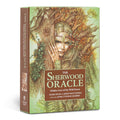 Sherwood Oracle kortų rinkinys, priekinė žalia‑ruda dėžutė su iliustracija, stovinti šonu 3/4 kampu, komplekte kortos ir vadovas