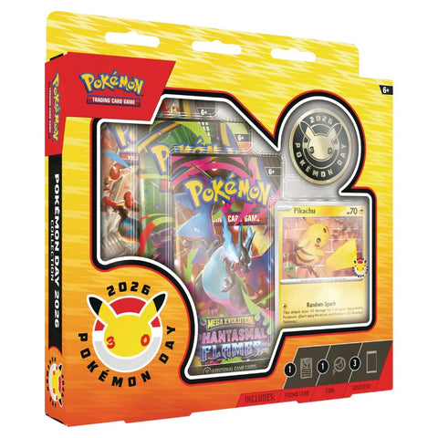 Pokémon Day 2026 kolekcinė dėžutė su Pikachu kortele ir boosteriais