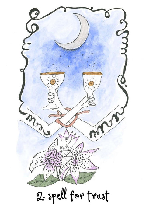 tarot korta, akvarelinis piešinys: susikryžiavusios rankos laiko dvi taures po pasagos mėnuliu, lelijos apačioje
