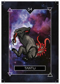 tarot korta Tantu — pilka mitinė būtybė su raudonomis tentaklėmis ant violetinio kosminio fono, kortos numeris 54