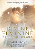 Orakulinės kortos "Divine Feminine Archangel" — viršelis su dviem susikabinusiomis angelėmis ir spindinčiu auksiniu pavadinimu