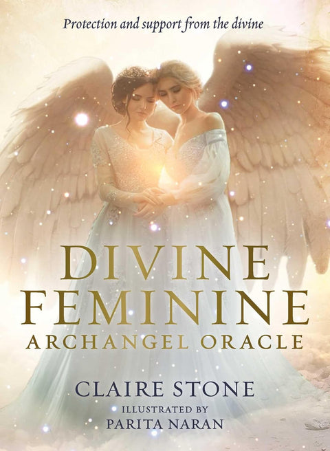Orakulinės kortos "Divine Feminine Archangel" — viršelis su dviem susikabinusiomis angelėmis ir spindinčiu auksiniu pavadinimu