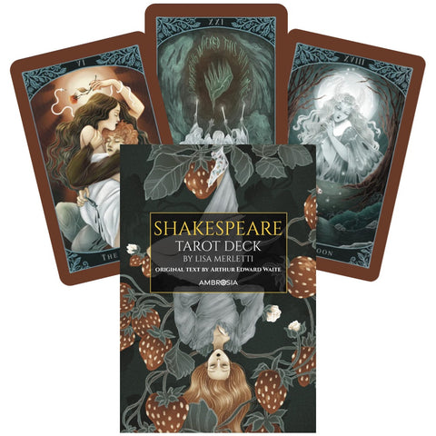 Shakespeare tarot kortos Ambrosia dėžutė su braškių motyvais ir trys iliustruotos kortos, parodytos fanuotos priekyje