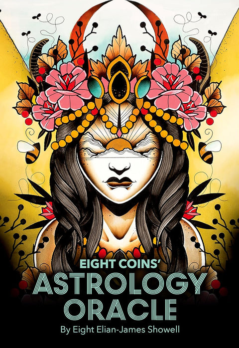 Astrologijos orakulas Eight Coins: spalvingas viršelis su moters portretu, gėlių vainiku ir auksiniais bei geltonais akcentais