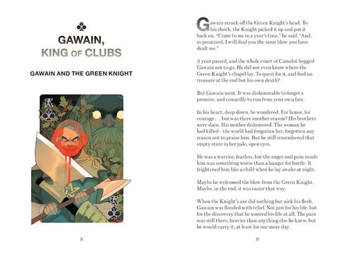knyga „Gawain, King of Clubs“ atversta: iliustruota kortos stiliaus scena kairėje ir pastraipos teksto vedimas dešinėje