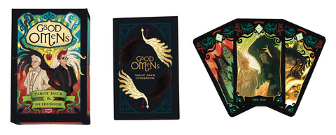Good Omens tarot kortų rinkinys su spalvinga iliustruota dėžute, juoda gidų knygele ir trimis demonstracinėmis kortomis