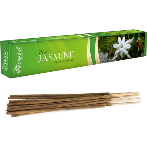 Jazminų smilkalai Aromatika žaliame dėkle su ilgomis natūraliomis lazdelėmis, skirtas namų aromatizavimui