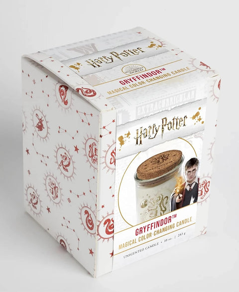 Gryffindor žvakė su baltu stikliniu indeliu ir kamštiniu dangteliu, spalvą keičiančia, dėžutėje su herbu ir Harry Potter iliustracija