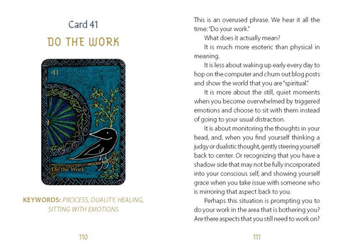 tarot korta Do the Work (41), tamsiai mėlynas fonas su varnėle ir mandalos motyvu, rodoma šalia aiškinamo teksto