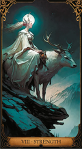 tarot korta Stiprybė, vertikalus meno atspausdinimas mėlyno žalsvo tono, moteris su elniu ant uolos, iliustracija