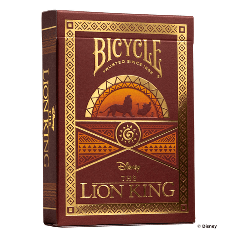Bicycle kortos The Lion King, bordo ir auksinės spalvos dėžutė su liūto siluetu ir etniniais raštais, priekinė pusė