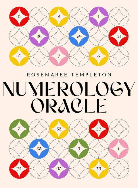 Numerologijos orakulas, Rosemaree Templeton dizaino spalvotas kortų rinkinys — viršelis su geometriniais ženklais ir skaitmenimis