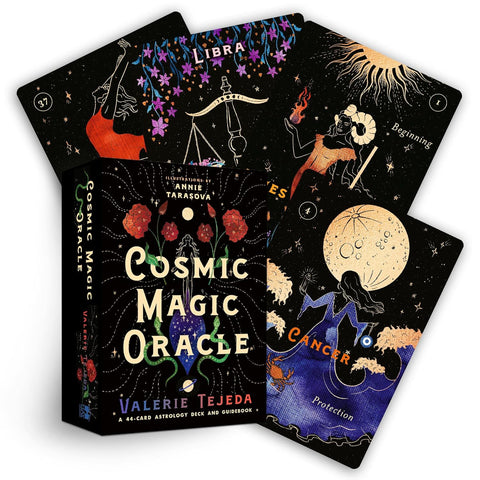 Orakulo kortos Cosmic Magic (Valerie Tejeda), 44 kortų rinkinys juodoje dėžutėje su aukso ir violetinėmis zodiako iliustracijomis, matomas dėžutės priekinis kraštas ir atviros Libra bei Cancer kortos