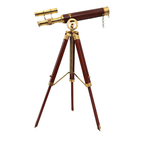 Elegantiškas žalvarinis teleskopas ant medinio trikojo, retro jūrinis, 57 cm