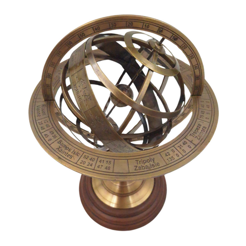 Žalvarinė astrolabija – armiliarinė sfera 28 cm, medinis pagrindas