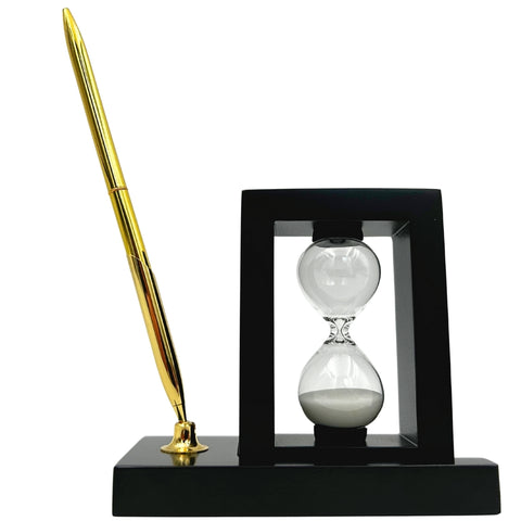 Stalo rinkinys: rašiklio laikiklis ir 3 min. smėlio laikrodis – juodas biurui