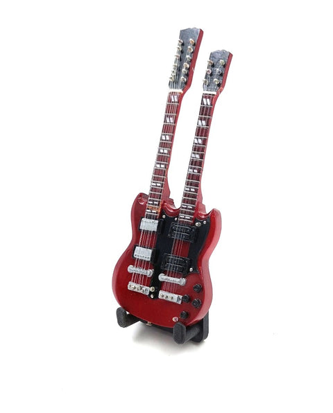 Mini gitara 15 cm, raudonmedžio – Jimmy Page stilius, kolekcinė su stovu