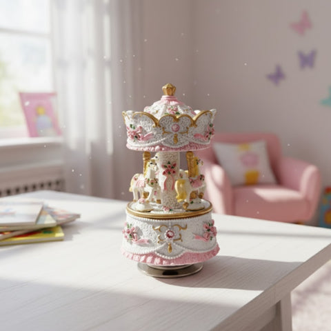 Muzikinė dėžutė karuselė su žirgeliais – pastelinė rožinė, Dangaus pilis