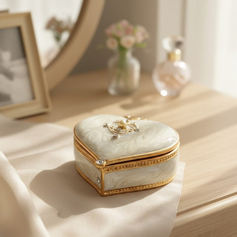 Prabangi širdelės formos papuošalų dėžutė su kristalais, balta auksinė dovanai