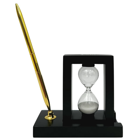 Stalo rinkinys: rašiklio laikiklis ir 3 min. smėlio laikrodis – juodas biurui