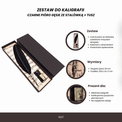 Kaligrafijos rinkinys juodas plunksninis rašiklis su metaliniu galiuku ir tušo buteliuku dovaninėje juodoje dėžutėje, 24 cm