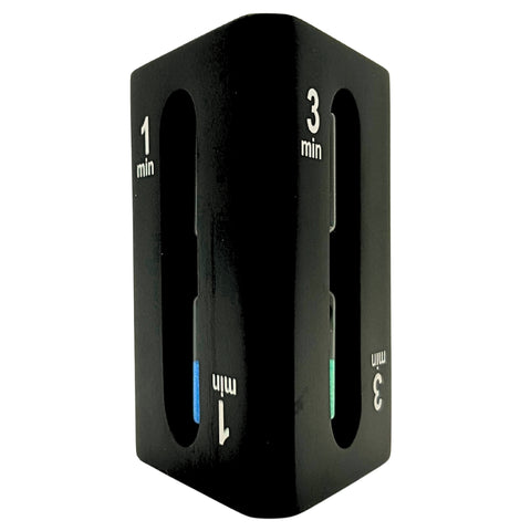 3-in-1 smėlio laikmatis 1–3–5 min, juodas MDF kubas, modernus interjerui